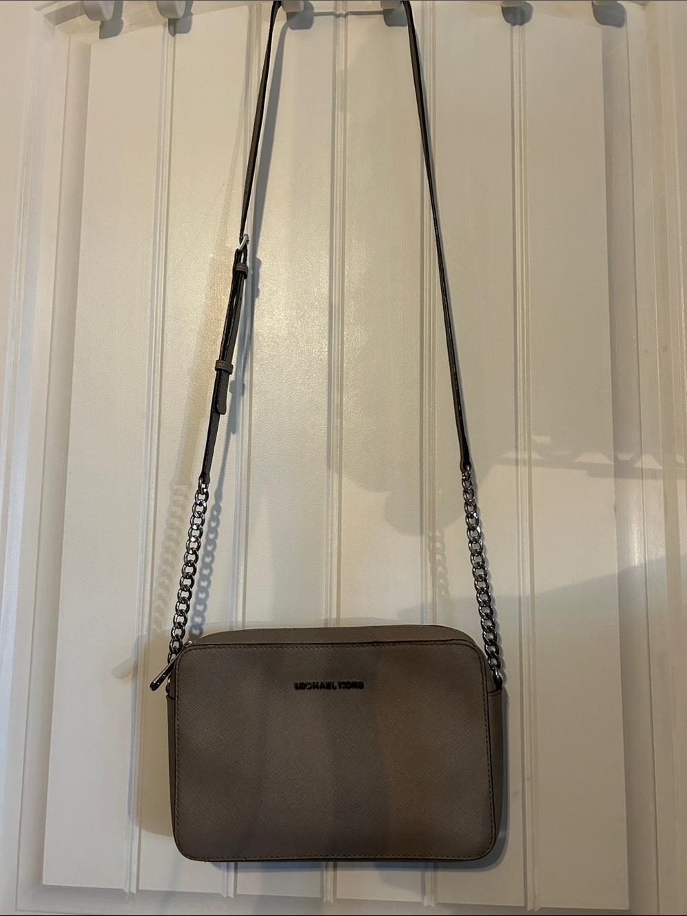 Michael Kors Gray-Taupe Saffiano Leather Crossbody with Chain Strap